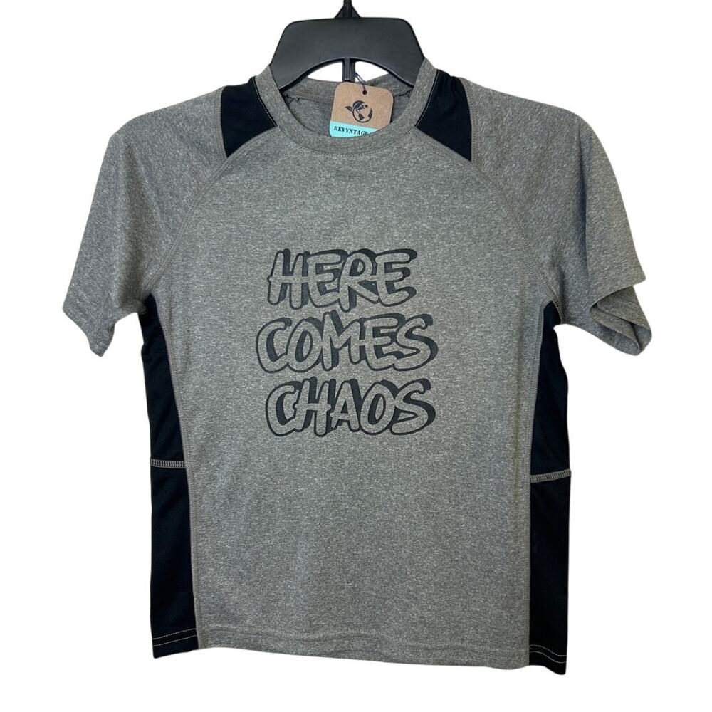 New Hand Printed Boys Small Heathered Here Comes Chaos Short Sleeve Tee Shirt